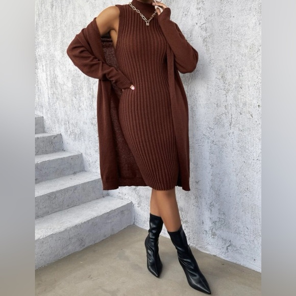 Drop Shoulder Duster Cardigan & Mock Neck Sweater Dress Without Belt - Picture 5 of 7